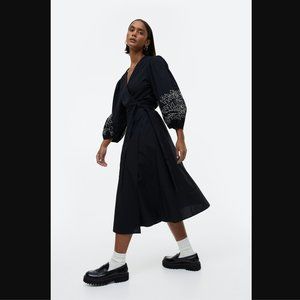 Embroidered Bohemian Tropical Balloon Sleeve Poplin Wrap Tie Dress